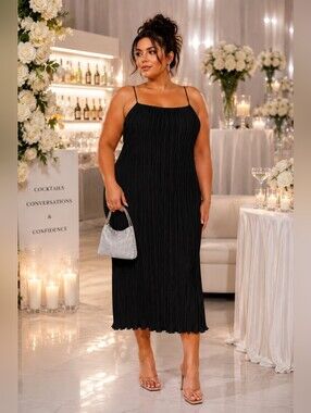 Good American Black Plisse Midi Dress 2XL 3XL Quiet Luxury Cocktail Party Glam
